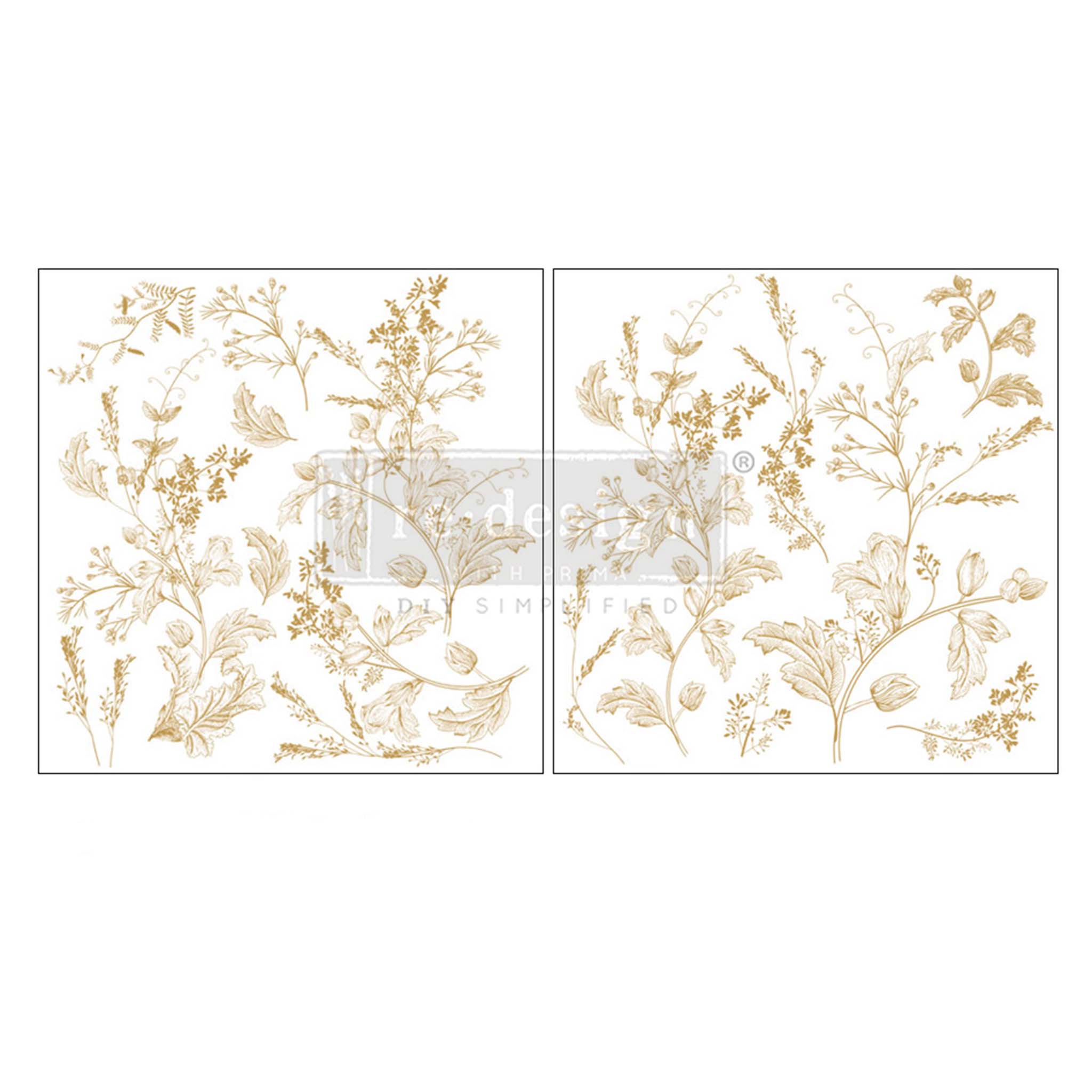 2 sheets of rub-on transfers featuring delicate gold colored plants.