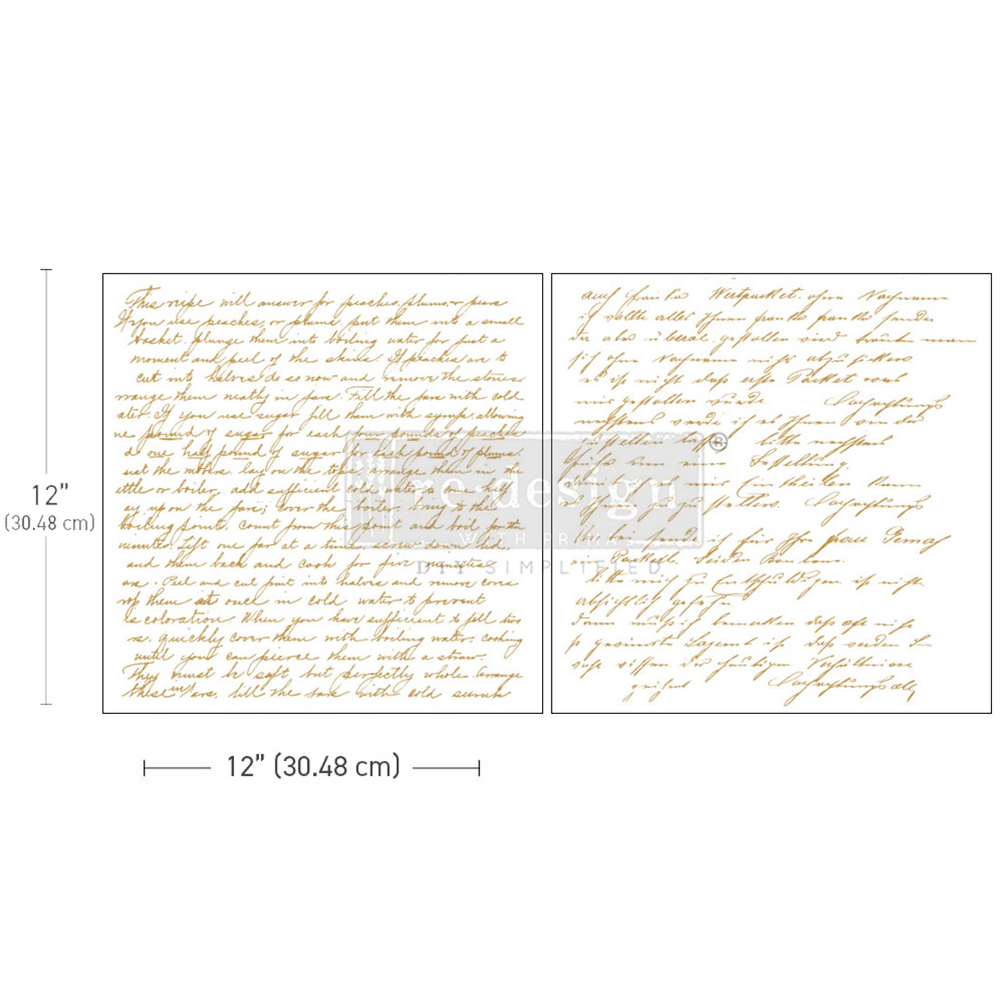 2 sheets of a small rub-on transfer design of gold script handwriting. Measurements for 1 sheet reads: 12" [30.48 cm] by 12" [30.48 cm].