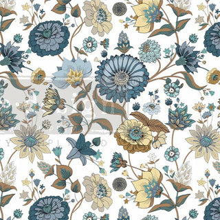 A close up crop of a muted blue and yellow floral design. A transparent redesign logo is placed on top.