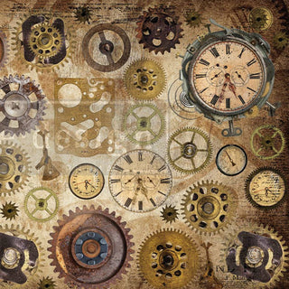 A close up crop of steampunk style clocks and gears design. A transparent redesign logo is placed on top.