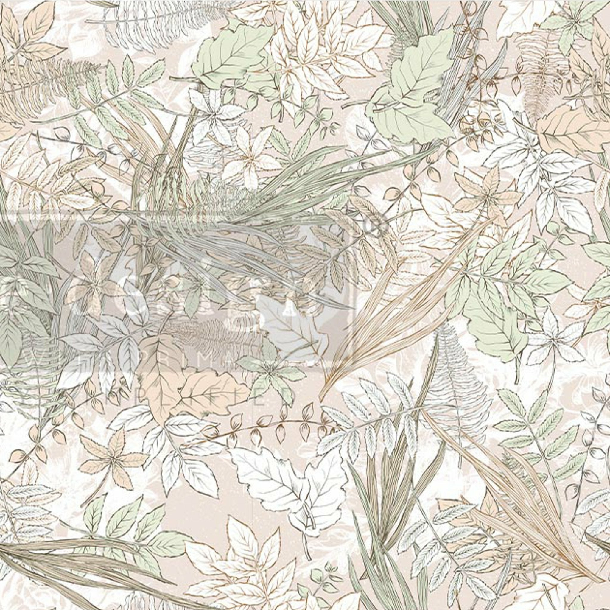 A close up crop of a muted watercolor style green and tan leaves tissue paper design. A transparent redesign logo is placed on top.