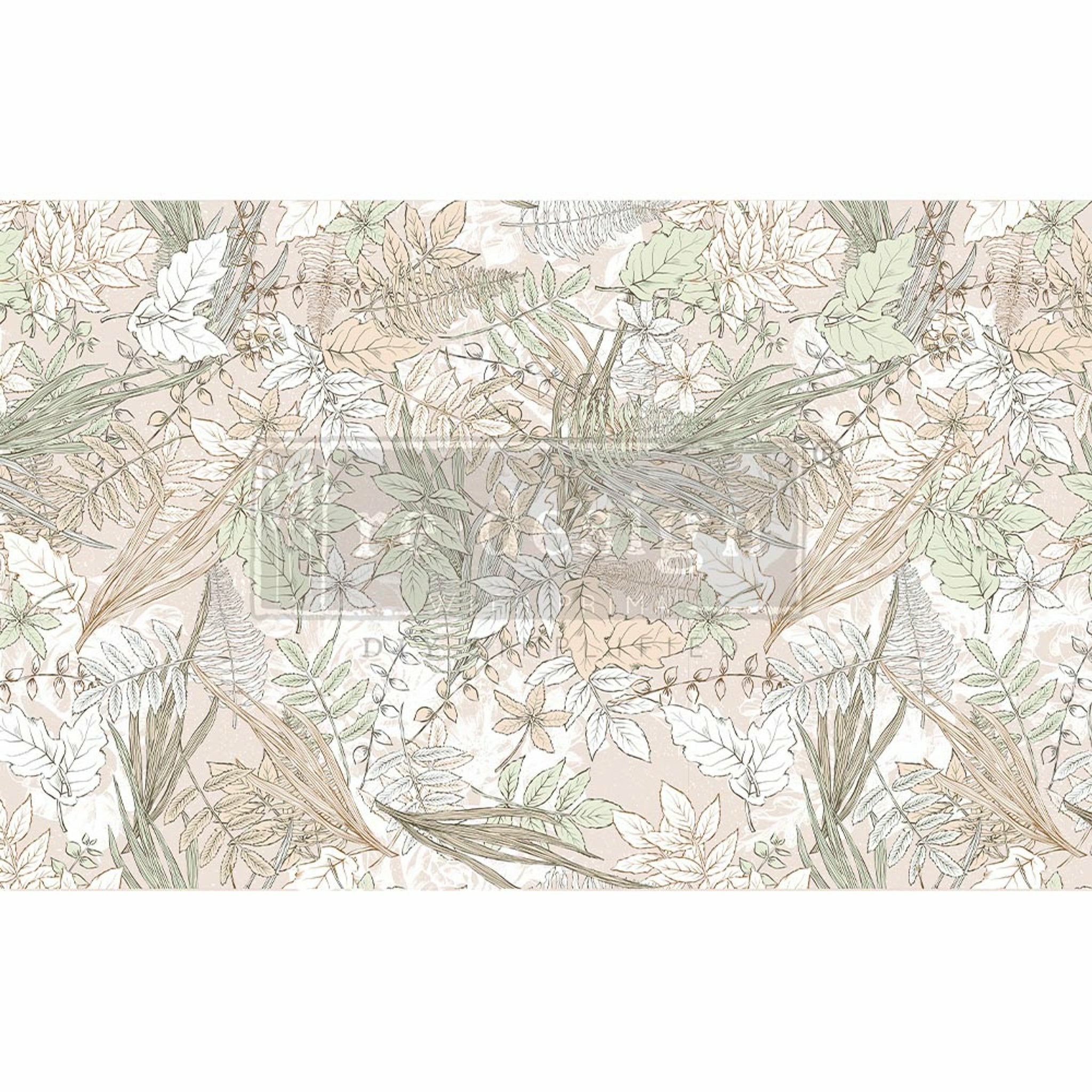 Muted watercolor style green and tan leaves tissue paper design. A transparent redesign logo is placed in the center. 