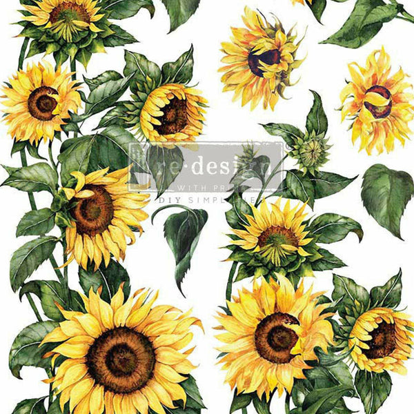 Multiple Sunflowers furniture transfer design close up.