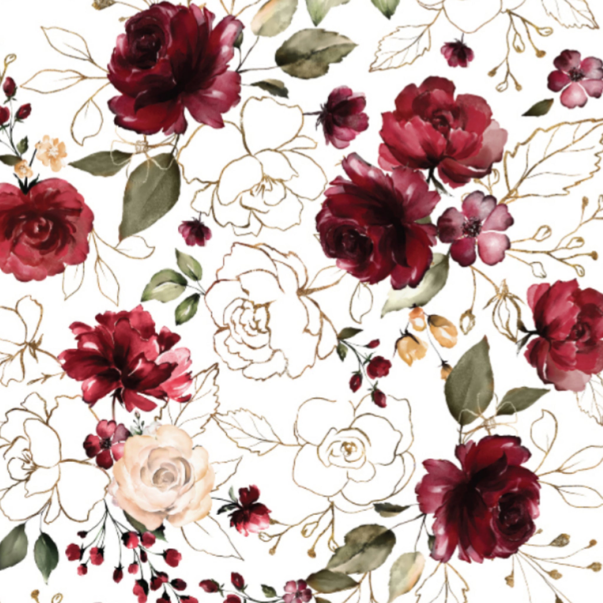 Rub-on transfer that features dark red, white, and gold foil outlined roses.