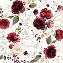 Rub-on transfer that features dark red, white, and gold foil outlined roses.