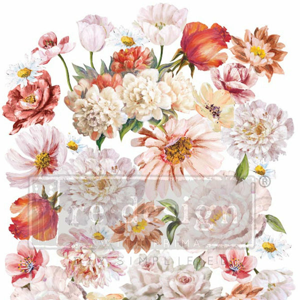 Rub-on transfer design featuring various peach colored flowers.