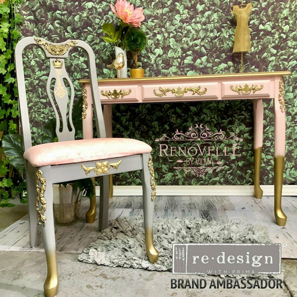 Ornate pink chair and desk with the Baroque Swirls mold on top. A Renovelle by Vilma and Redesign logo on the right.