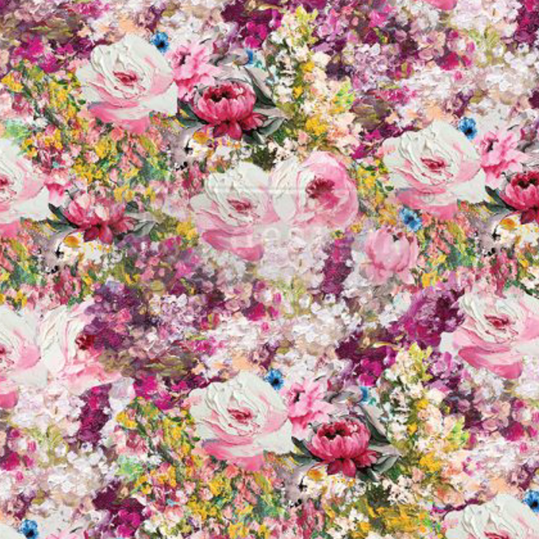 Rice paper design of an oil painting of a meadow of pink and fuchsia colored flowers mixed with tiny yellow ones.