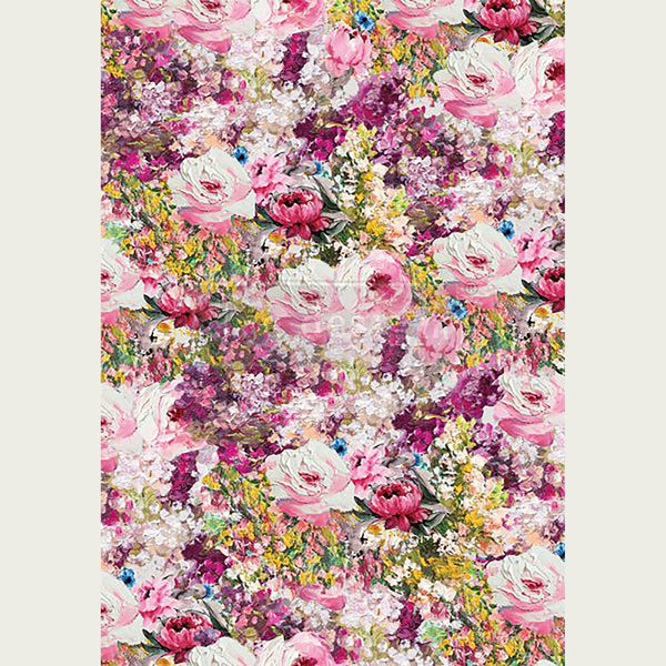 Rice paper design of an oil painting of a meadow of pink and fuchsia colored flowers mixed with tiny yellow ones. White borders are on the sides.