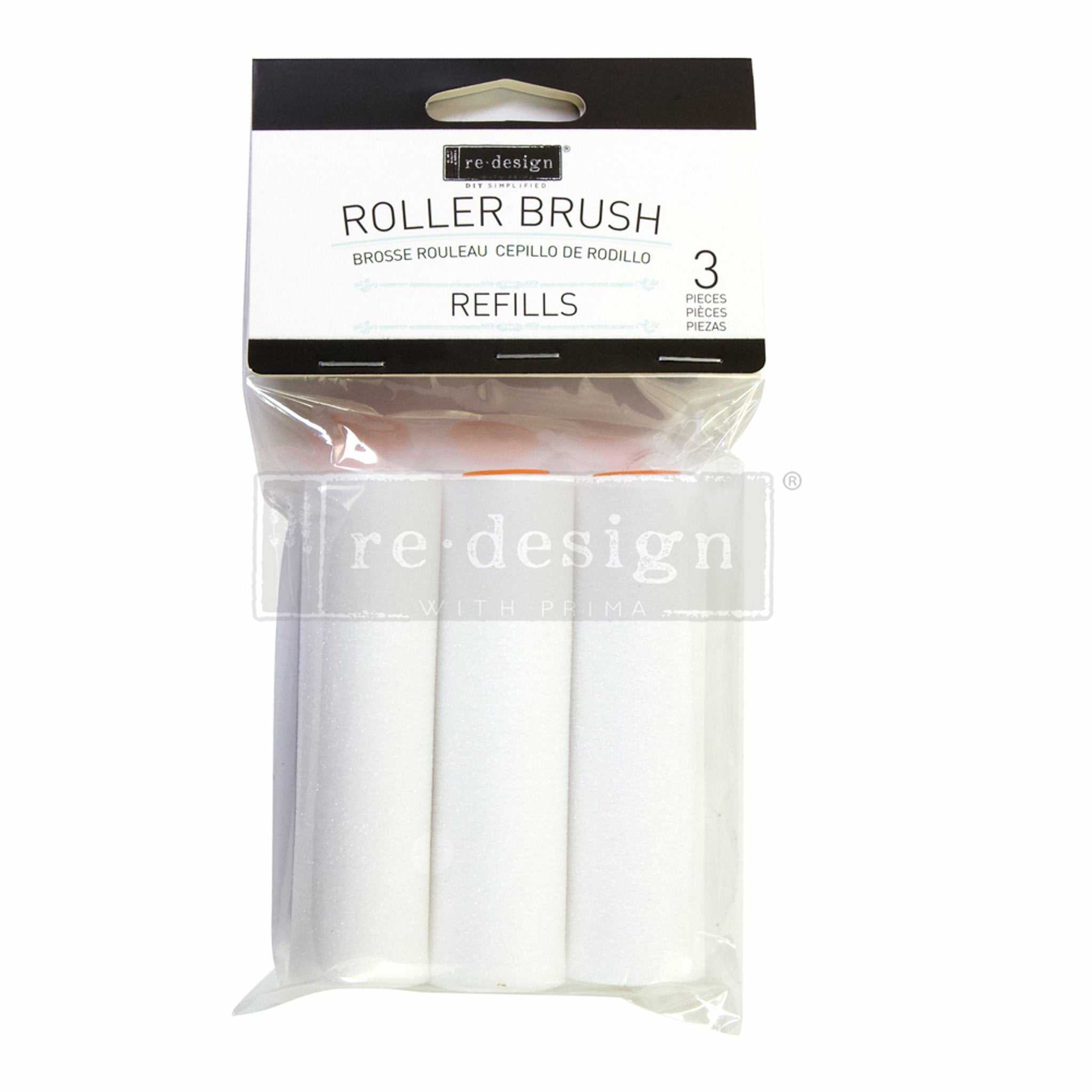 White background with a package of foam rollers reading: Redesign diy simplified. Roller Brush. Brosse Rouleau Cepillo De Rodillo. Refills. 3 pieces . pieces. piezas. A transparent redesign logo is on top.