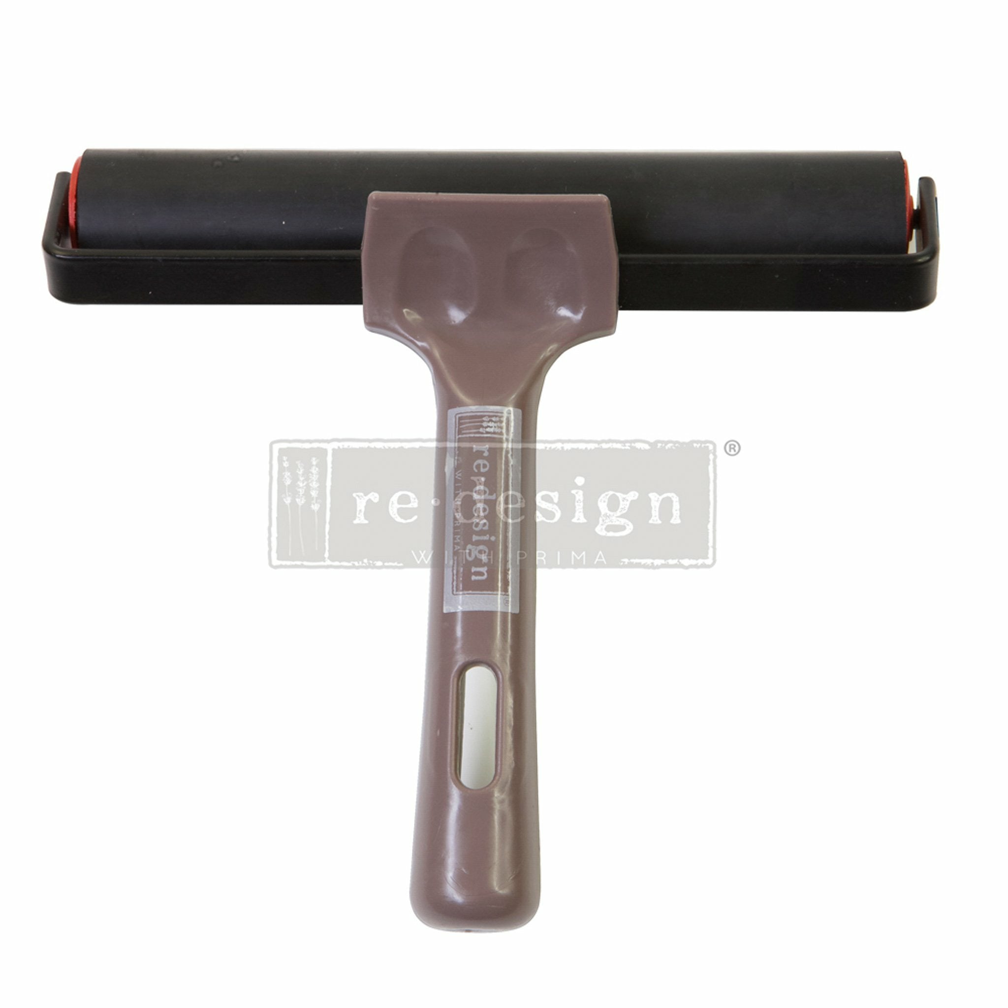 White background with a brown and black rubber brayer. A transparent redesign logo is on top.