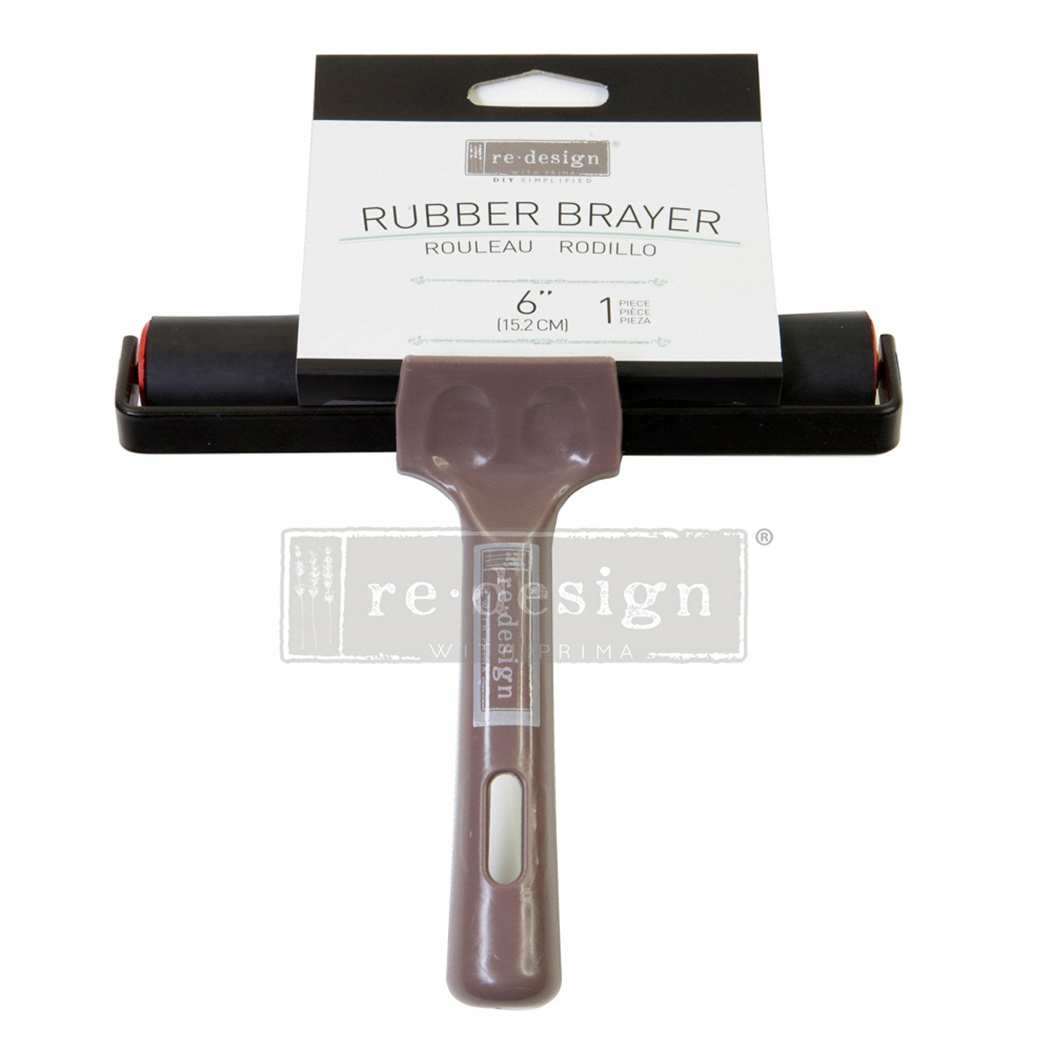 White background with a brown and black rubber brayer and a tag reading: Redesign diy simplified. Rubber Brayer. Rouleau. Rodillo. 6" (152 cm) 1 piece. piece. pieza. A transparent redesign logo is on top.