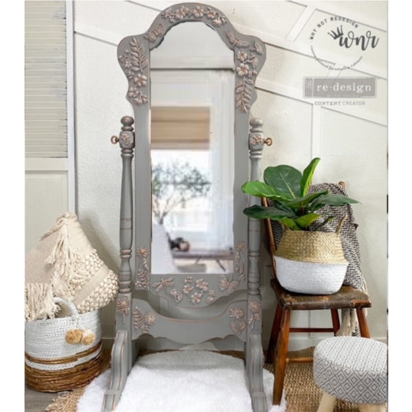 A vintage standing mirror refurbished by Why Not Redesign, a ReDesign with Prima Content Creator, is painted light grey and features the Cherry Blossoms silicone mould castings on it.