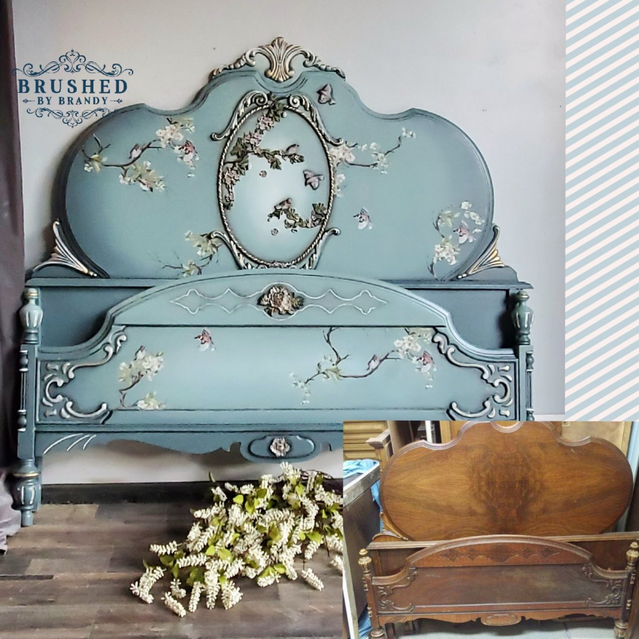 Vintage headboard and footboard refurbished by Brushed by Brandy is painted light blue and features the Aviary silicone mould on them.