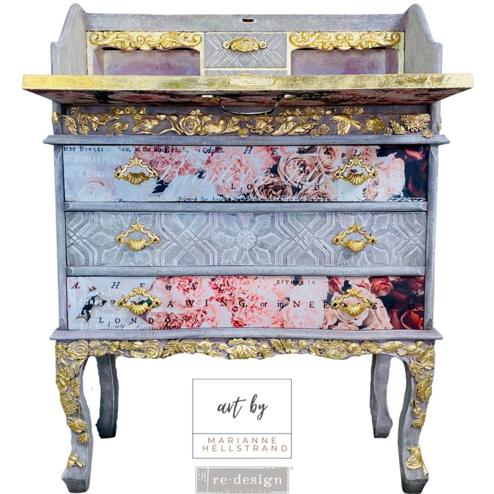 A vintage secretary's desk refurbished by Art by Marianne Hellstrand is painted light blue with gold accents and features the Fragrant Roses silicone mould on it.