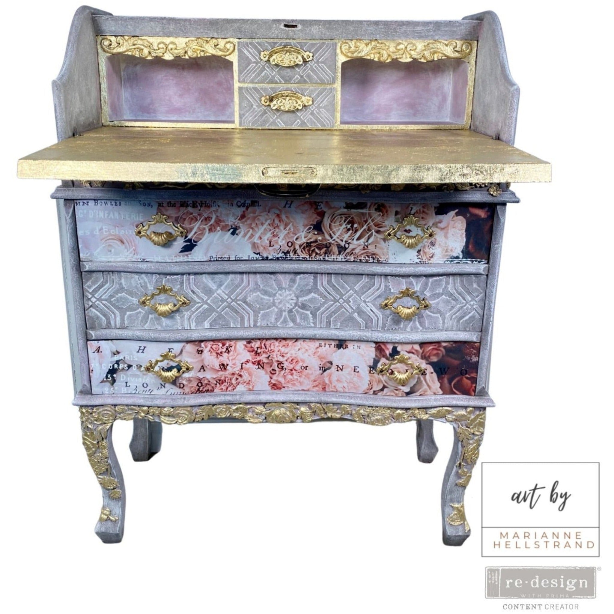 A vintage secretary's desk refurbished by Art by Marianne Hellstrand is painted light blue with gold accents and features the Fragrant Roses silicone mould on it.