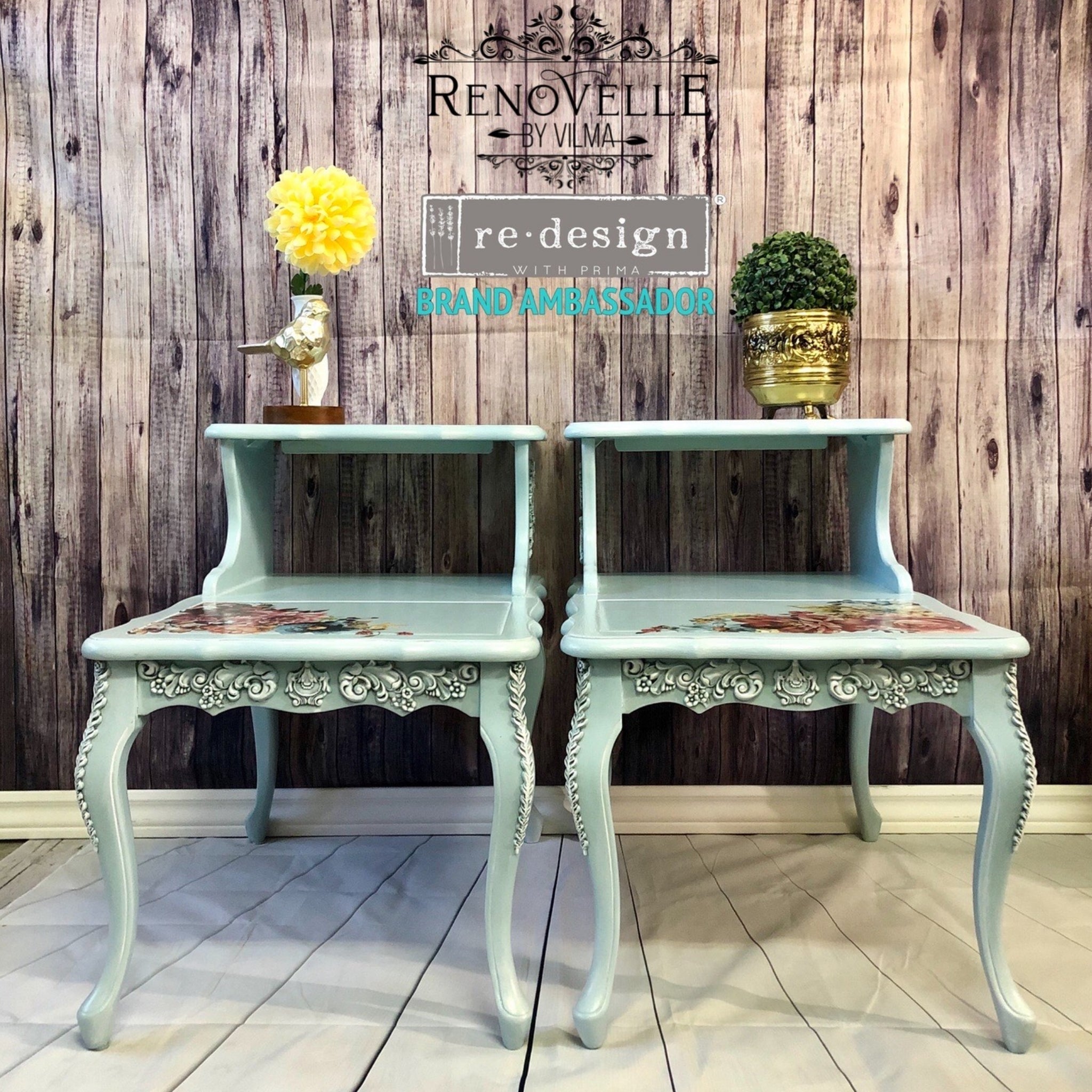Two vintage long end tables refurbished by Renovelle by Vilma are painted mint green and feature the Groeneville silicone mould castings on them.