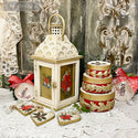 A candle lantern, circle boxes, and heart shaped wood ornaments refurbished by Bozenka Art are painted off-white and gold and feature ReDesign with Prima's Louelle Borders silicone mould on the sides of the boxes.