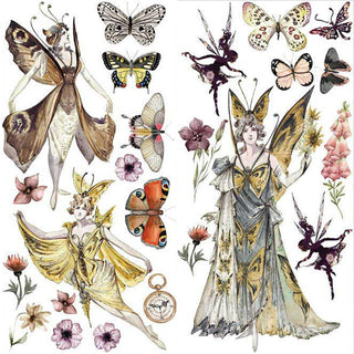 Small rub-on transfers of butterflies, flowers and fairies with butterfly wings.