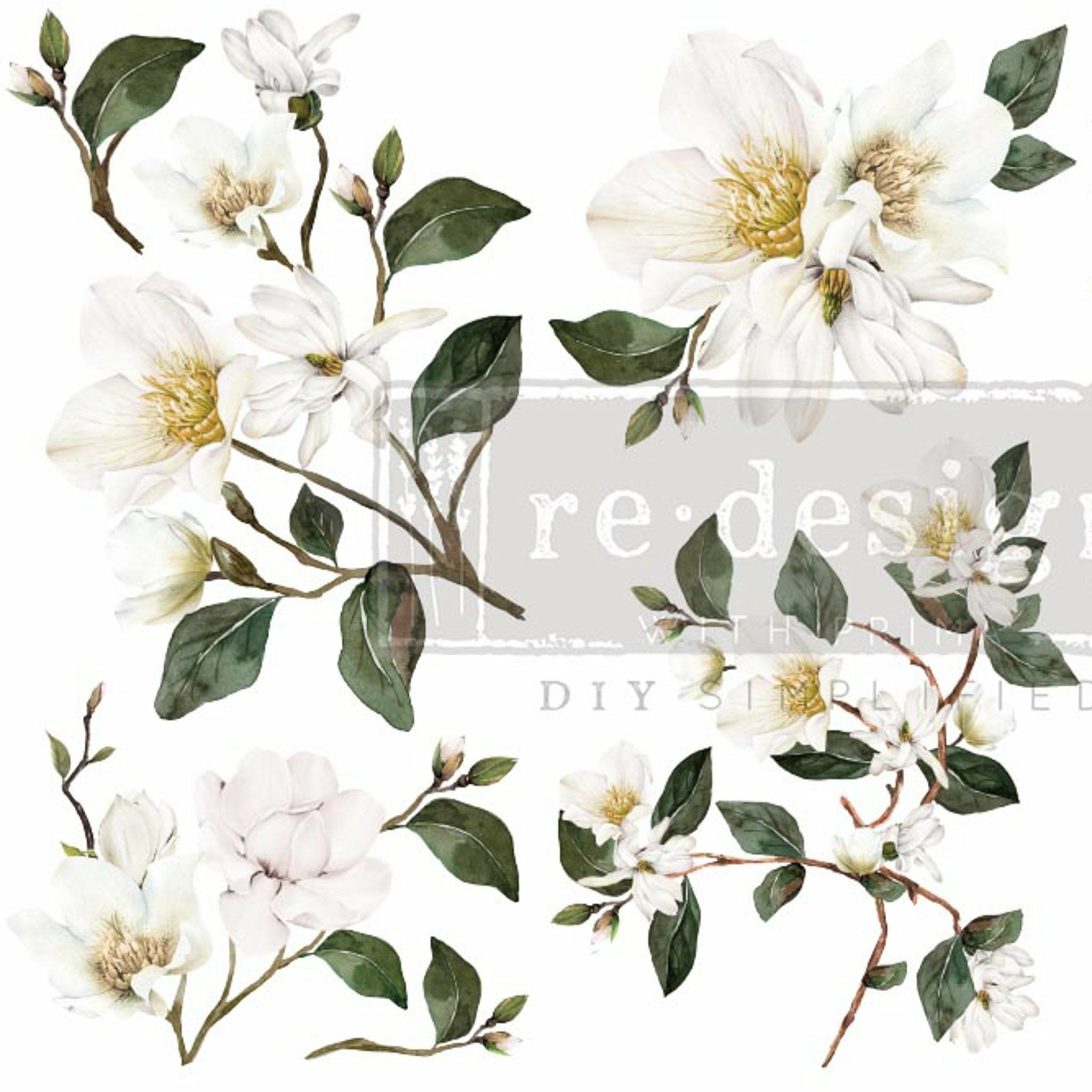 Small rub-on transfer design of white magnolia flowers on branches with green foliage.