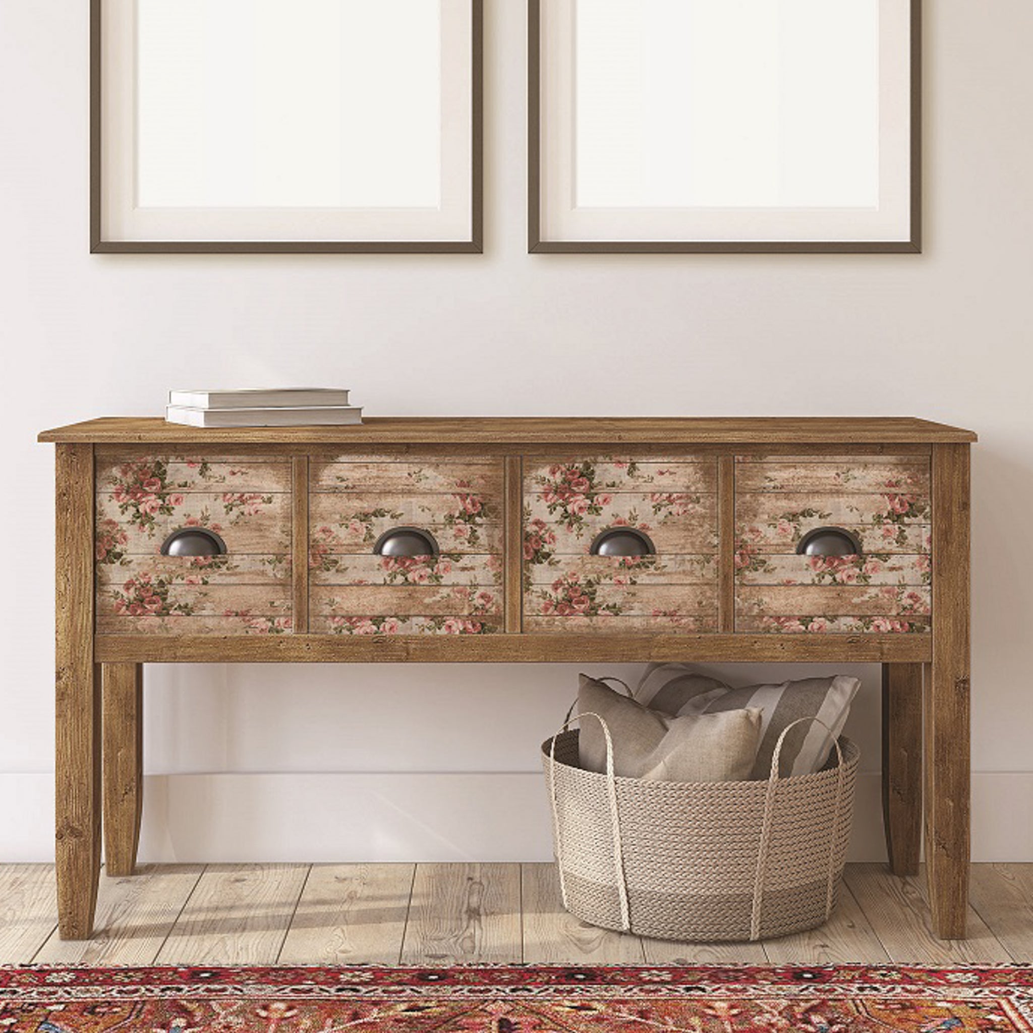 A natural wood console table has 4 drawers in a row and each drawer features ReDesign with Prima's Shabby Floral tissue paper on them.