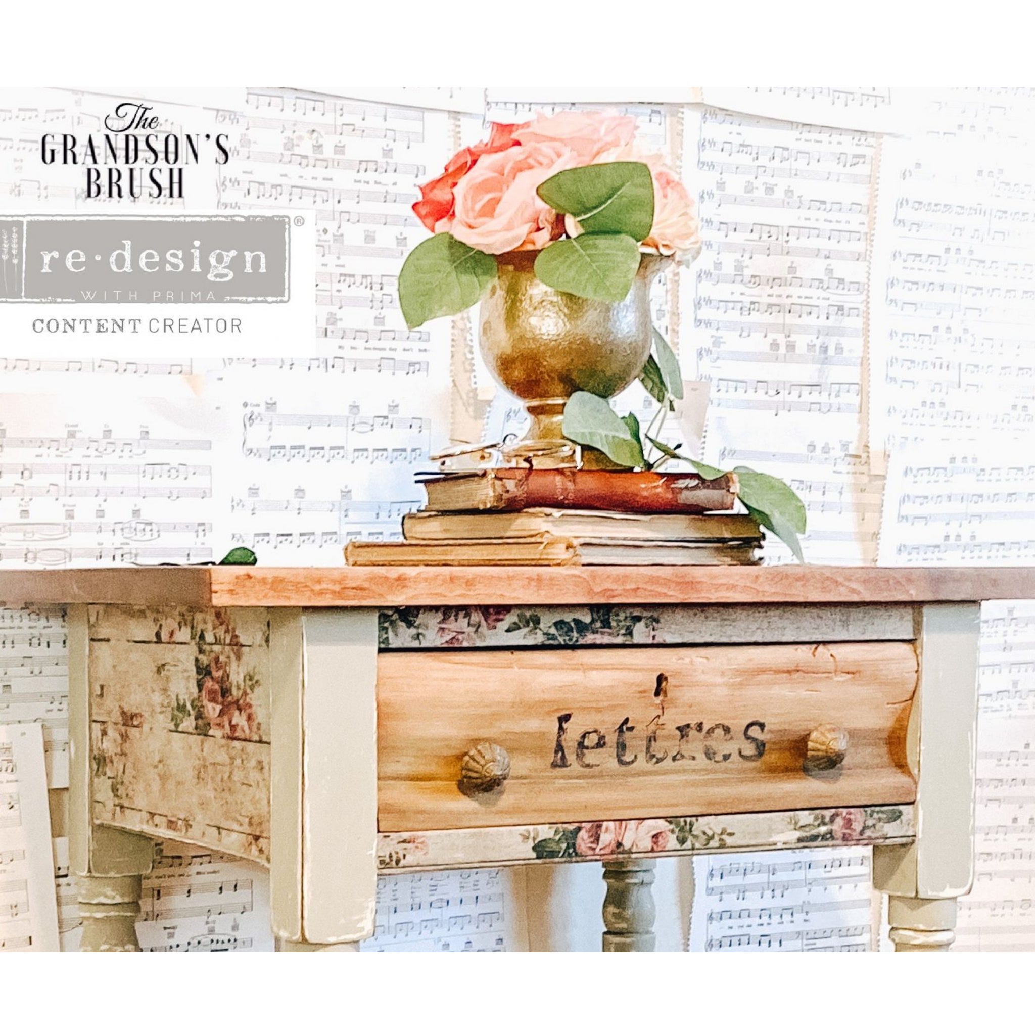 A vintage nightstand with 1 drawer refurbished by The Grandson's Brush is painted antique white with a natural wood top and features ReDesign with Prima's Shabby Floral tissue paper on the sides and above and below the drawer.
