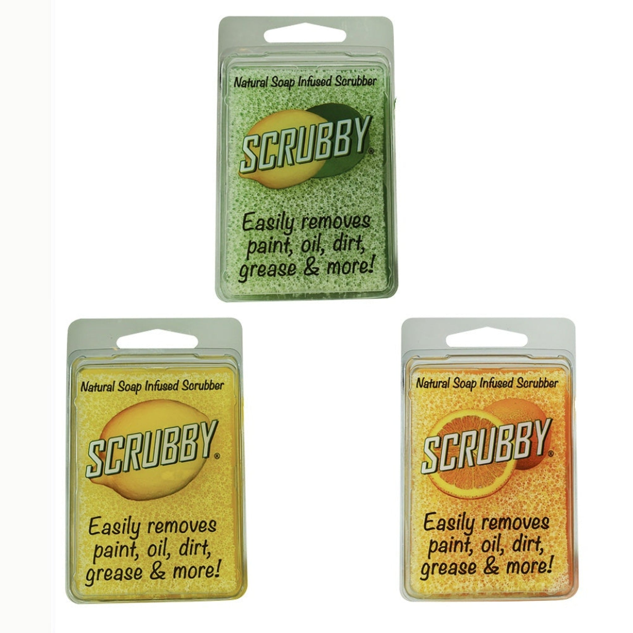 3 packages of lime, lemon, and orange scented Scrubby soap infused sponges that say Natural Soap Infused Scrubber. Easily removes, paint, oil, dirt, grease, & more!