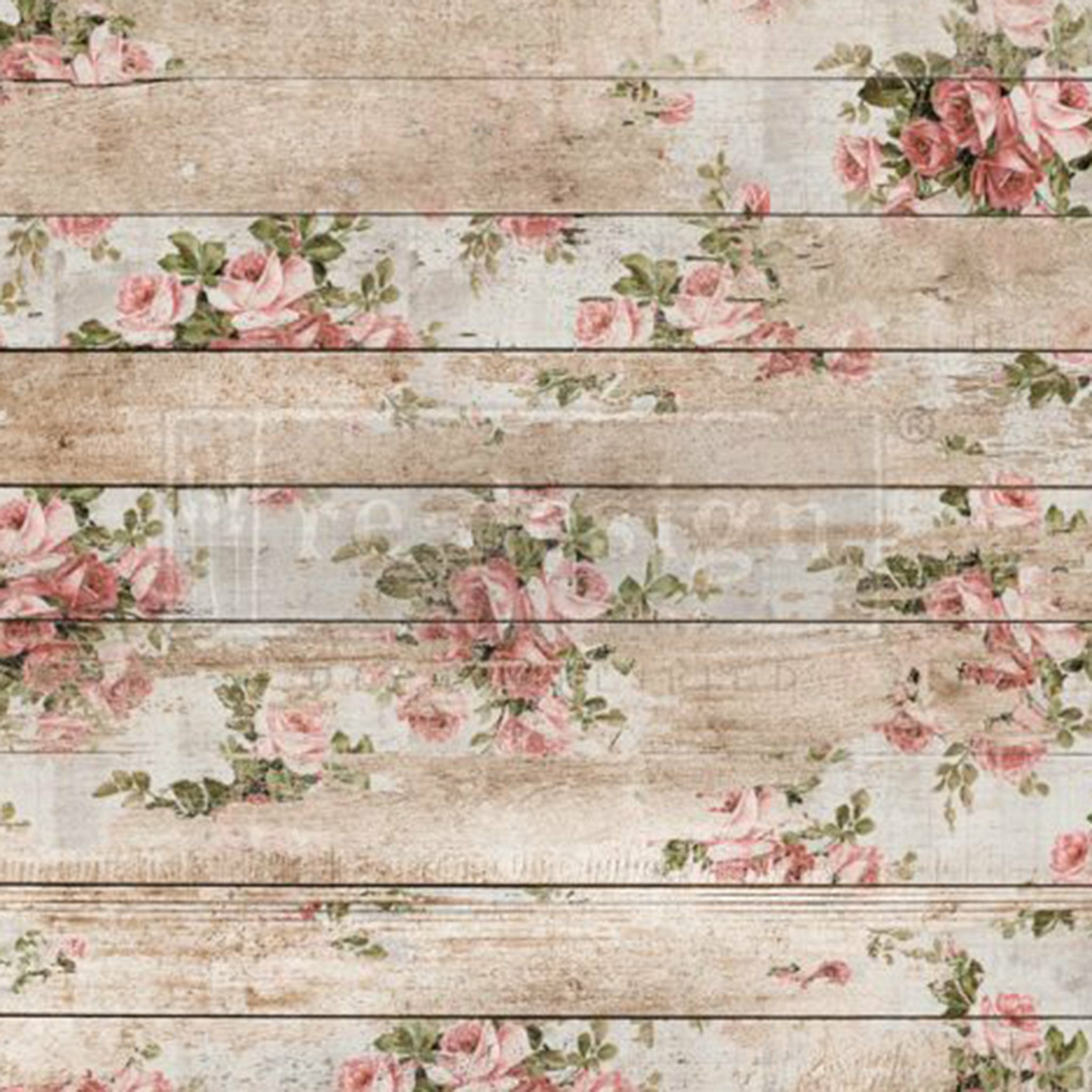 Small clusters of light pink/coral roses on a weathered boarded background. Very shabby chic.