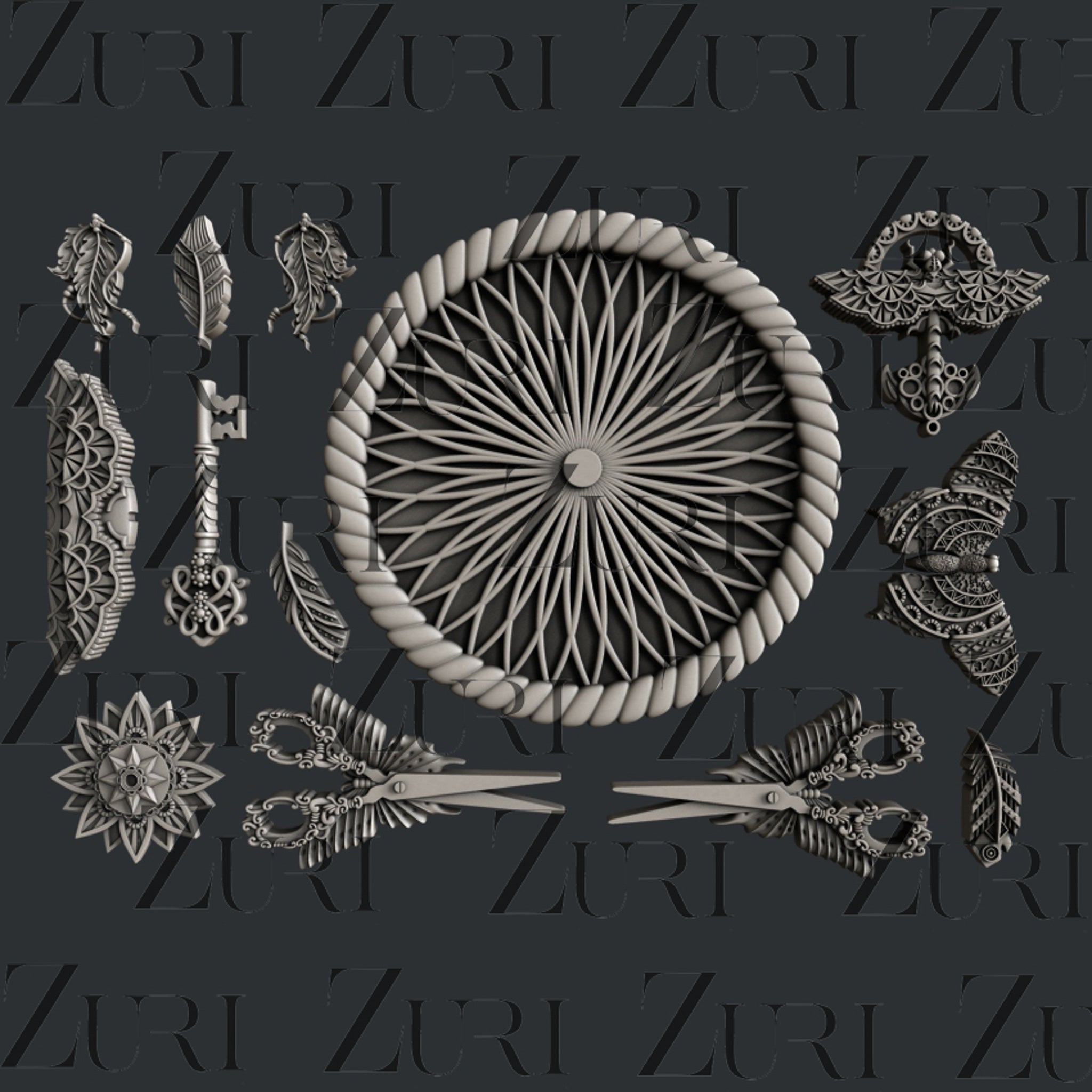 Grey colored castings of a dream catcher wheel, scissors, feathers, keys, butterfly, and pointy flower.