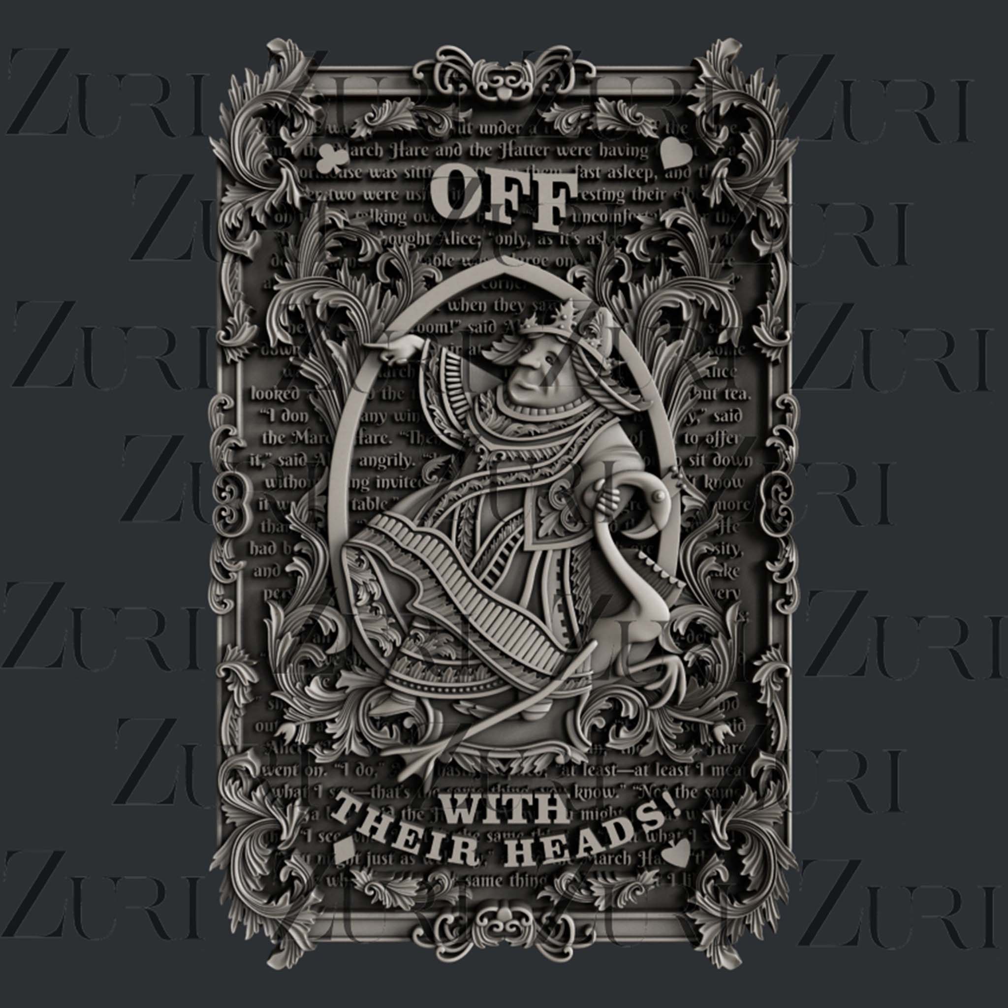 A grey silicone mold casting of an ornate scroll frame with the Queen of Hearts that says "Off with their Heads" is on dark grey background covered with the Zuri watermark..