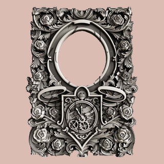A grey silicone mold casting of an Alice in Wonderland inspired frame with roses and a pocket watch is on a light pink background.