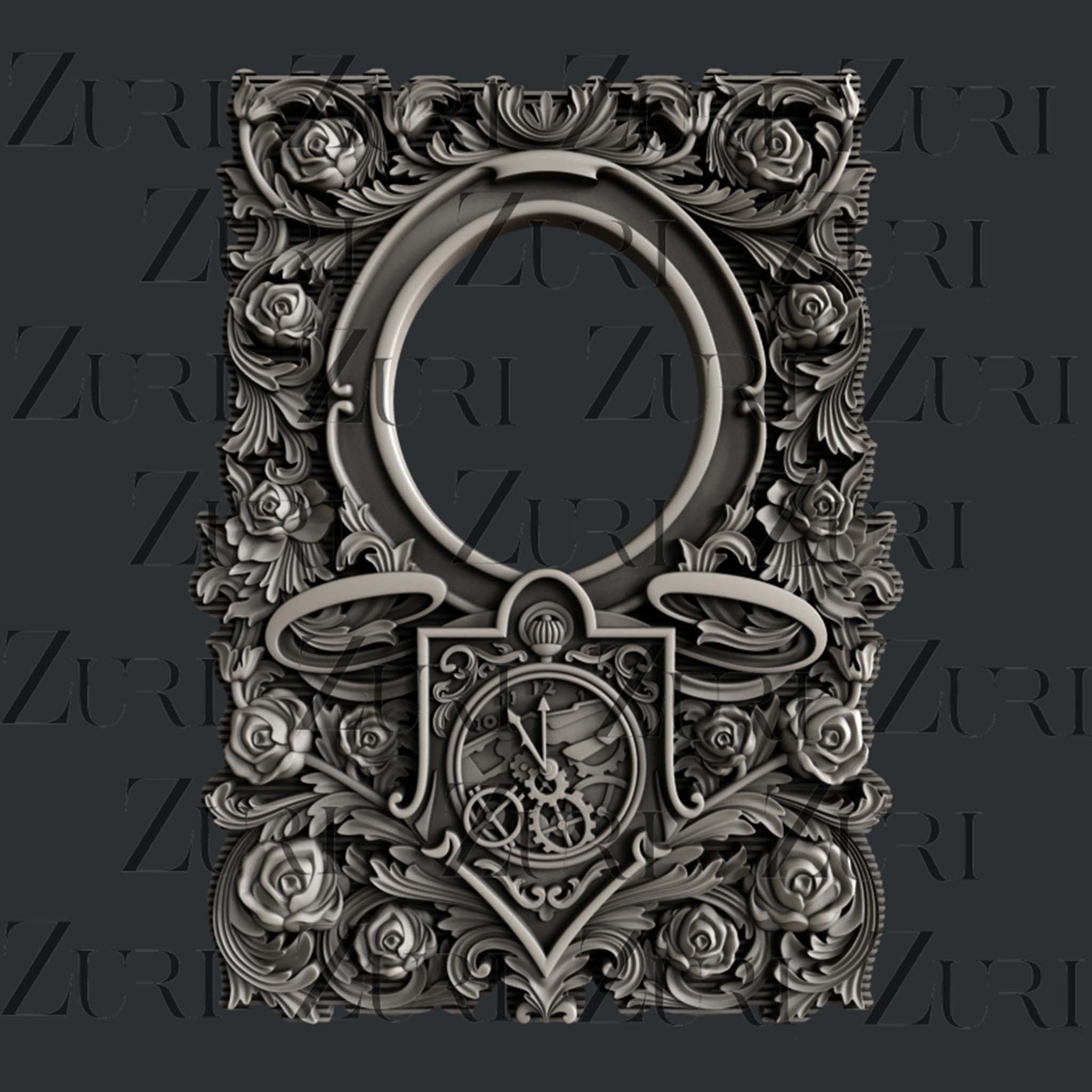 A grey casting of an Alice in Wonderland inspired frame with roses and a pocket watch on it.A grey silicone mold casting of an Alice in Wonderland inspired frame with roses and a pocket watch is on a dark grey background and covered with Zuri watermarks.