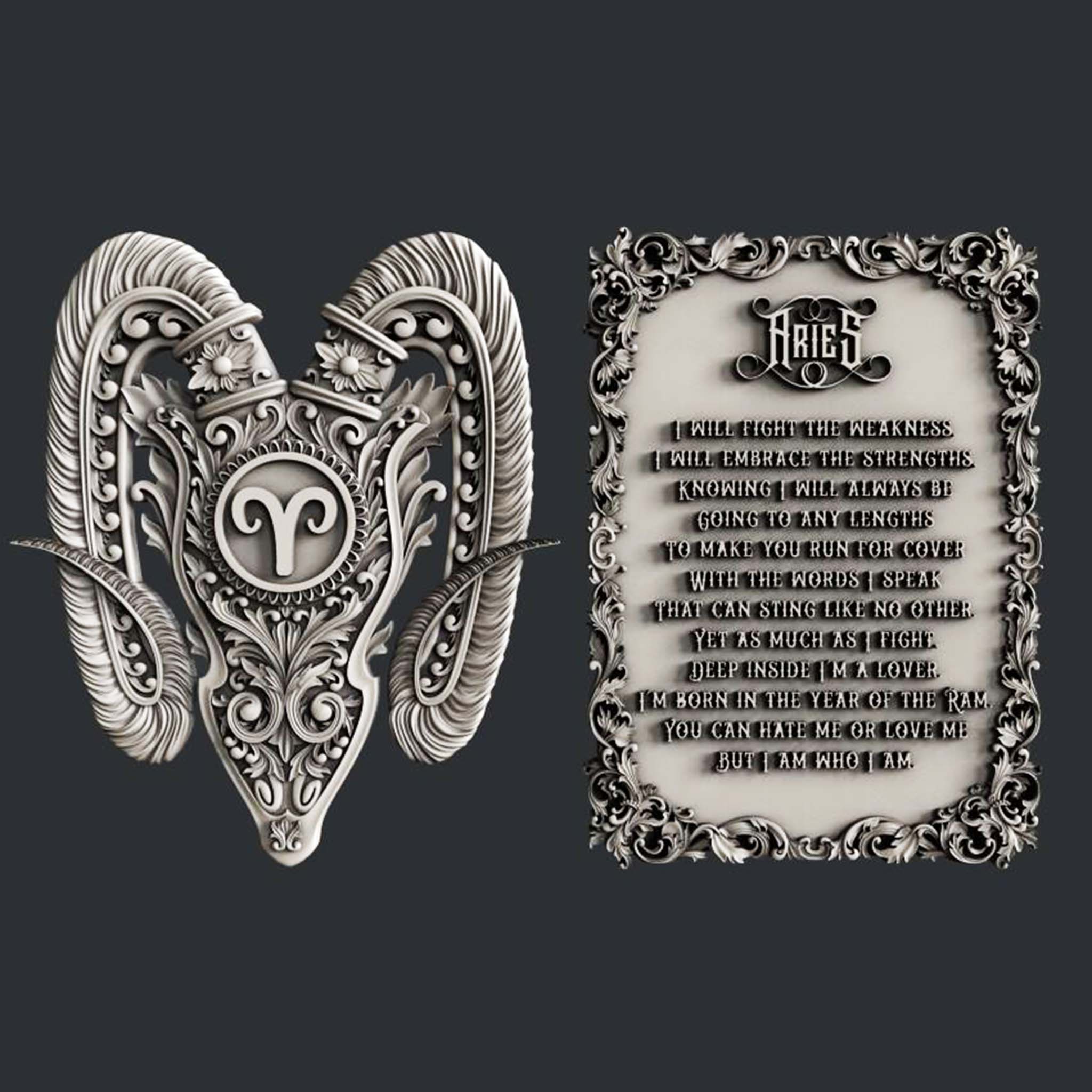 Grey silicone mold castings of an ornate Aries ram head and an ornately framed plaque with the description of an Aries person.