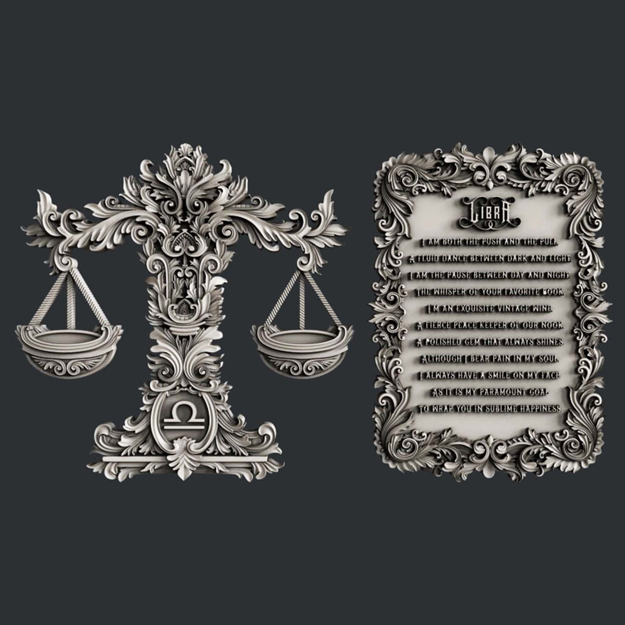Grey silicone mold castings of an ornate set of Libra scales and a plaque that describes a Libra person are on a dark grey background.